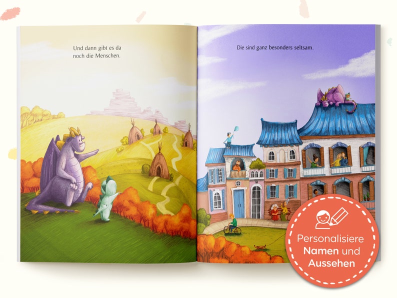 May include: An open book with colorful illustrations of a purple dragon and a green dinosaur. The text on the page reads "Und dann gibt es da noch die Menschen. Die sind ganz besonders seltsam."  The book cover has a red circle with a pencil and a person icon, and the text "Personalisiere Namen und Aussehen".