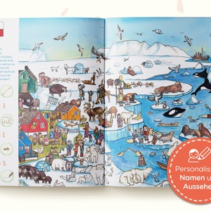 May include: A two-page children's book spread featuring a colorful, detailed illustration of a Greenland landscape with icebergs, wildlife, and people. The left side includes a list of items to find, while the right side shows an arctic scene.
