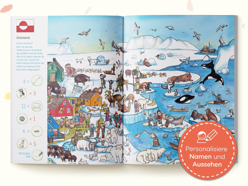 May include: A two-page children's book spread featuring a colorful, detailed illustration of a Greenland landscape with icebergs, wildlife, and people. The left side includes a list of items to find, while the right side shows an arctic scene.