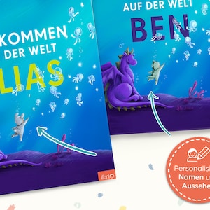 May include: Two book covers with a purple dragon and a child reaching for a jellyfish. The text on the first cover reads "Willkommen auf der Welt Elias". The text on the second cover reads "Auf der Welt Ben".