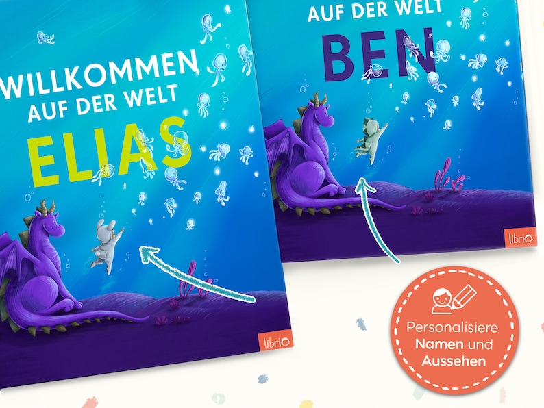 May include: Two book covers with a purple dragon and a child reaching for a jellyfish. The text on the first cover reads "Willkommen auf der Welt Elias". The text on the second cover reads "Auf der Welt Ben".