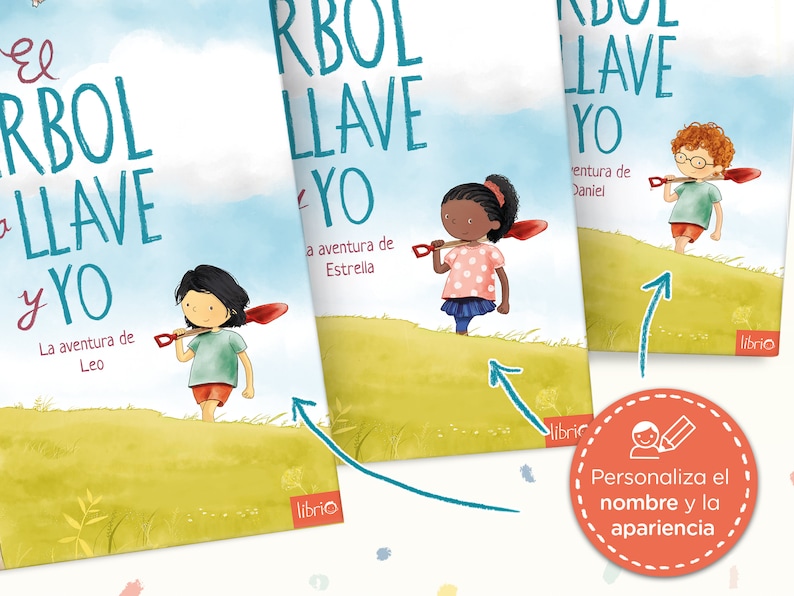 Peut inclure: Trois couvertures de livres avec des illustrations d'enfants tenant des pelles. Les titres des livres sont "El arbol llave y yo", "El arbol llave y yo" et "El arbol llave y yo". Le texte sous les titres indique "La aventura de Leo", "La aventura de Estrella" et "La aventura de Daniel".