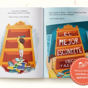 May include: An open children's book with illustrations showing a child reaching for a book on a tall yellow shelf while standing on a pile of books. The right page displays the book cover titled EL MEJOR ESCONDITE la aventura de DIEGO Y ALEJANDRO.