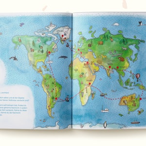 May include: An open children's book displaying a colorful illustrated world map with a red dashed travel route connecting various countries. The left page features a small character and German text, while the right page shows continents, animals, and landmarks.