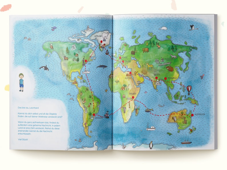 May include: An open children's book displaying a colorful illustrated world map with a red dashed travel route connecting various countries. The left page features a small character and German text, while the right page shows continents, animals, and landmarks.