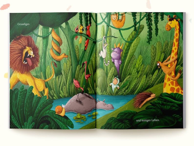 May include: A colorful illustration of a jungle scene with a lion, giraffe, flamingo, snake, monkey, and other animals. The text "Gruseliges und lustiges Leben" is written at the bottom of the page.