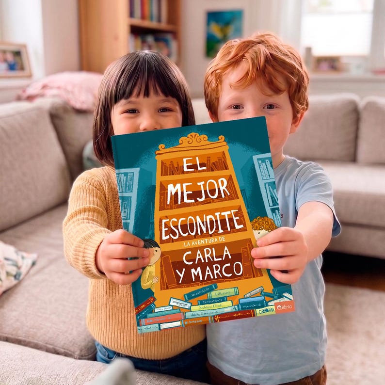 May include: A hardcover book titled El Mejor Escondite La Aventura de Carla y Marco, featuring a teal cover with a large orange bookshelf illustration filled with books, and a pile of colorful books at the bottom, held up for display.