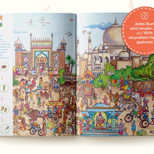 May include: A colorful children's book spread depicting a busy scene in India with the Taj Mahal, elephants, and various people. The left page includes a list of items to find and the text Jedes Buch wird einzeln und auf 100% recyceltem Papier gedruckt.