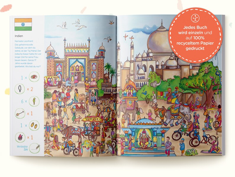 May include: A colorful children's book spread depicting a busy scene in India with the Taj Mahal, elephants, and various people. The left page includes a list of items to find and the text Jedes Buch wird einzeln und auf 100% recyceltem Papier gedruckt.