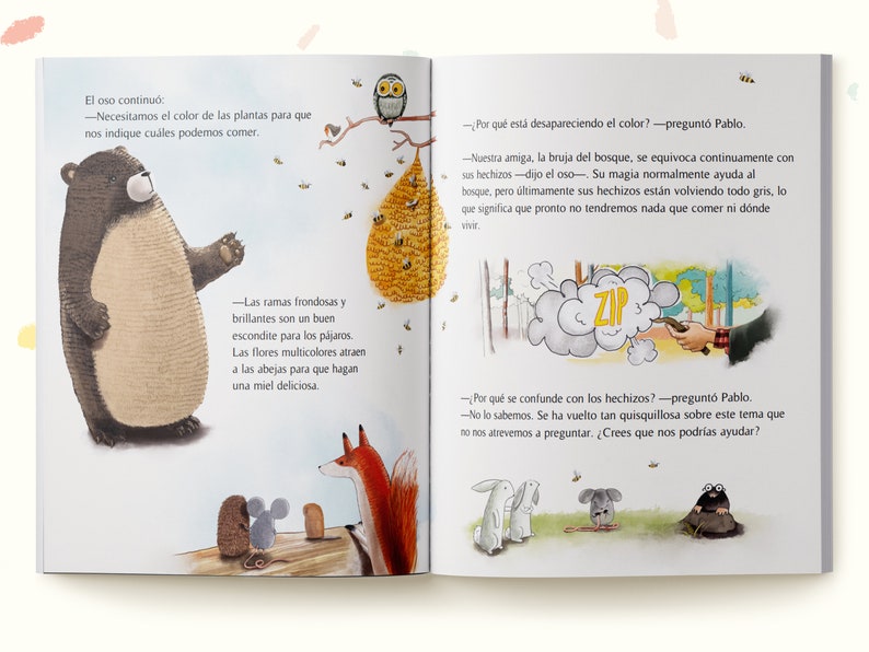 Peut inclure: Une illustration d'un livre pour enfants repr&eacute;sentant un ours, un renard, une souris et un hibou. Le texte dit : "Nous avons besoin de la couleur des plantes pour savoir lesquelles nous pouvons manger." et "Notre amie, la sorci&egrave;re de la for&ecirc;t, se trompe toujours dans ses sorts."