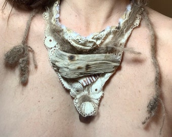 Lace, wood and hemp necklace, fabric neck sculpture with a hidden horse bead. Ceremonial piece made from up-cycled and natural materials!