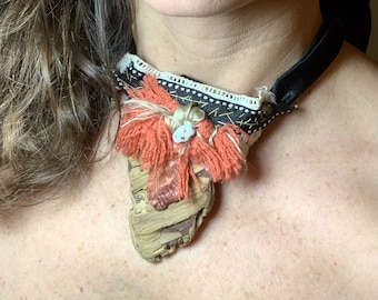 Wooden choker with shell on a satin strand, Tiny horse bead, hand stitching unique one of a kind wearable sculpture