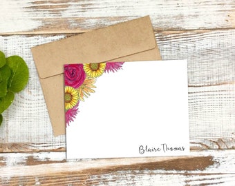 Pink Roses and Sunflowers Stationery Set - Roses and Sunflowers Flat Note Cards and Envelopes- Personalized Stationery