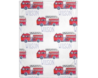 Personalized Firetruck Baby Blanket – Watercolor Design