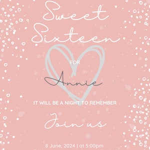 Instant Download, Digital Invitation, Sweet 16, Sixteenth Birthday