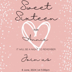 Instant Download, Digital Invitation, Sweet 16, Sixteenth Birthday