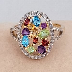 14kt Yellow Gold Multi-Stone and  Round Brilliant Diamond Ring, .50cttw, Topaz, Citrine, Peridot, Garnet, and Amethyst, Size 7