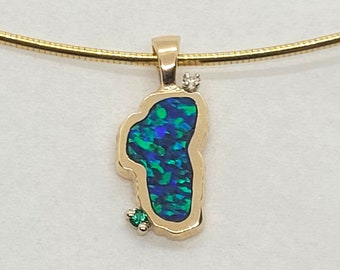 14kt Yellow Gold Simulated Opal Pendant, Diamond & Green Stone Accent