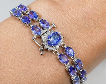 14kt White Gold Tanzanite Diamond Bracelet, Oval Gemstones, 7.25 Inches, Push Clasp