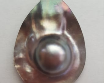 Natural Tahitian Mabe Tear Shaped Pearl, Silver and Peacock Colors, 35mm x 25 mm in diameter