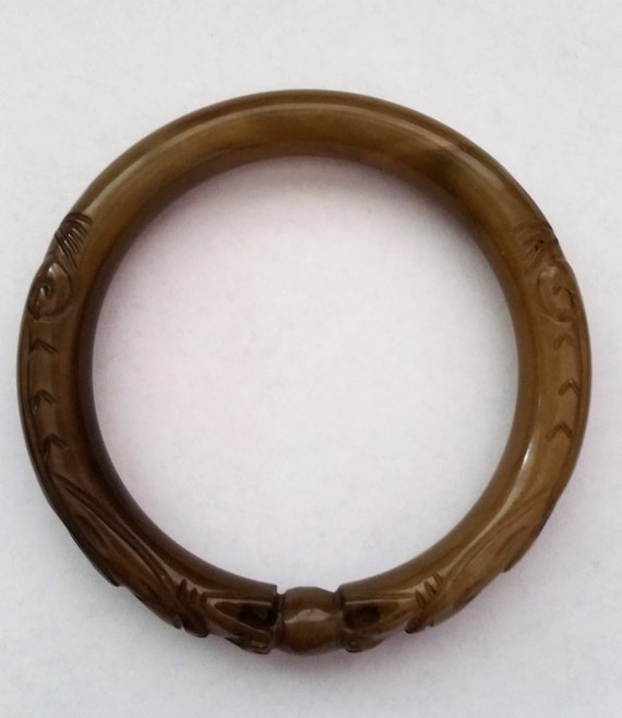 Brown Jade Carved Bangle Bracelet with Two Dragon… - image 2