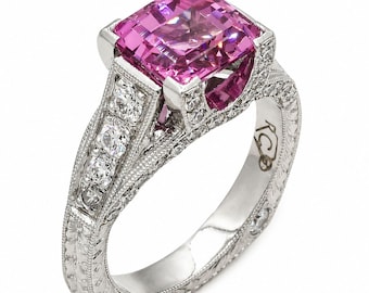 Fancy Pink Spinel Asscher-Cut Diamond Platinum Ring