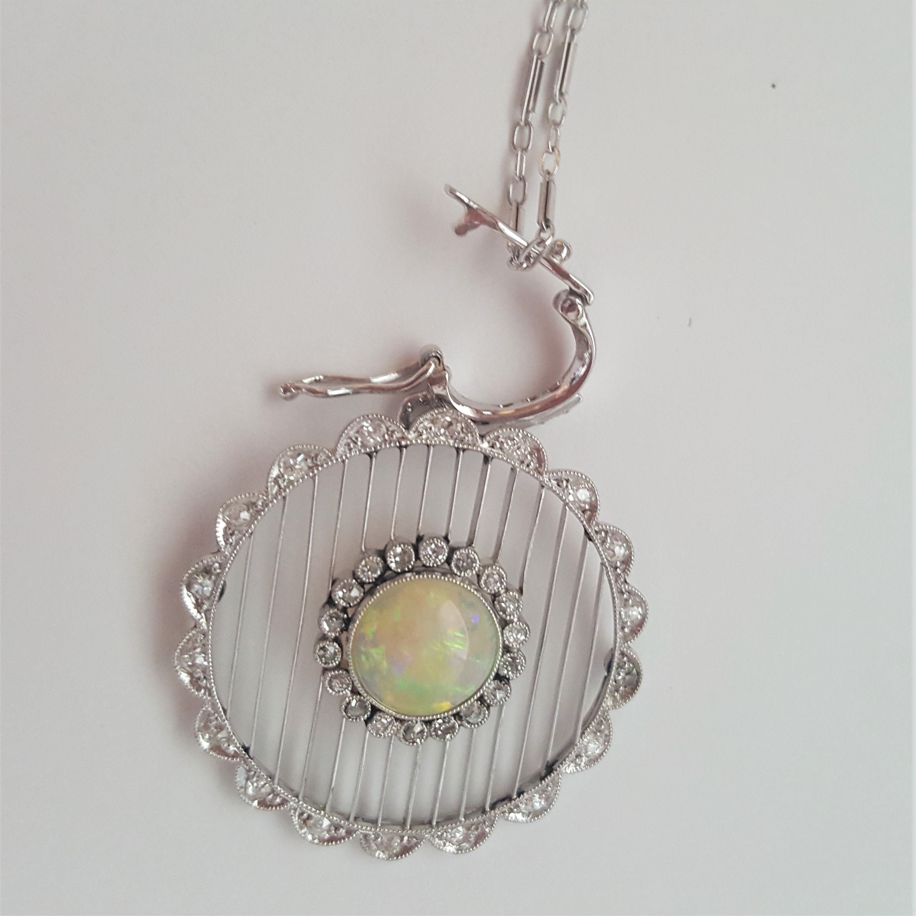 Vintage 14kt White Gold White Opal and Single Cut Diamond