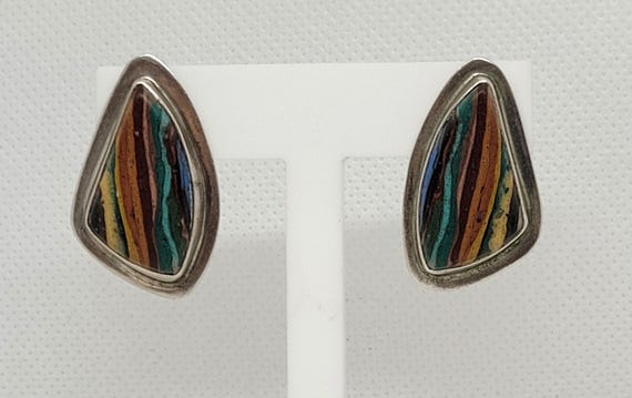 Sterling Silver Multi-Colored Inlay Friction Post… - image 1