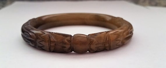 Brown Jade Carved Bangle Bracelet with Two Dragon… - image 1
