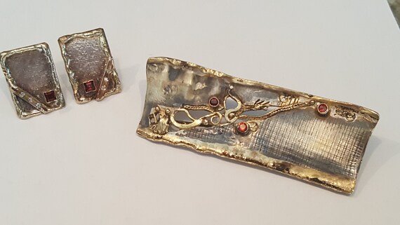 Handmade Silver Gold Mozambique Garnet Clip On Earrings & Pin Set