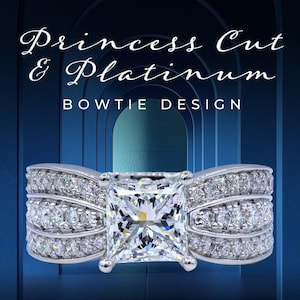 Könnte beinhalten: Ein Platinring mit einem Prinzessschliff-Mittelstein und einem Fliegen-Design. Der Ring hat einen quadratisch geschliffenen Diamanten und ist von kleineren, rund geschliffenen Diamanten umgeben. Der Text "Princess Cut & Platinum BOWTIE DESIGN" wird über dem Ring angezeigt.