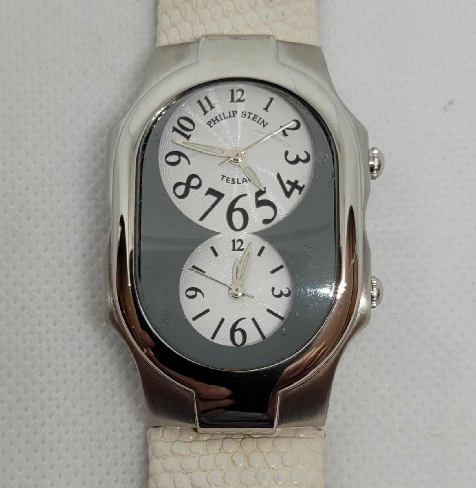 Reloj Philip Stein Caja de acero inoxidable de cuero blanco Teslar dual 48 mm x 30 mm Tecnologia de chip cuantico Caja con acabado satinado pulido Etsy Mexico
