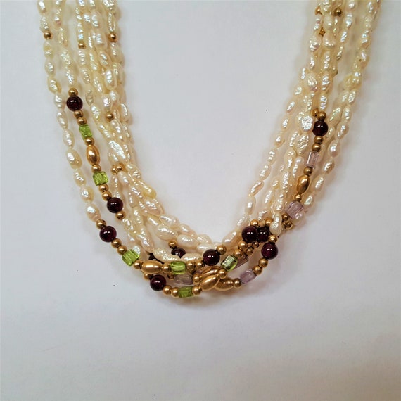 Multi-Strand Freshwater Pearls Gold Beads Semi-Pr… - image 1