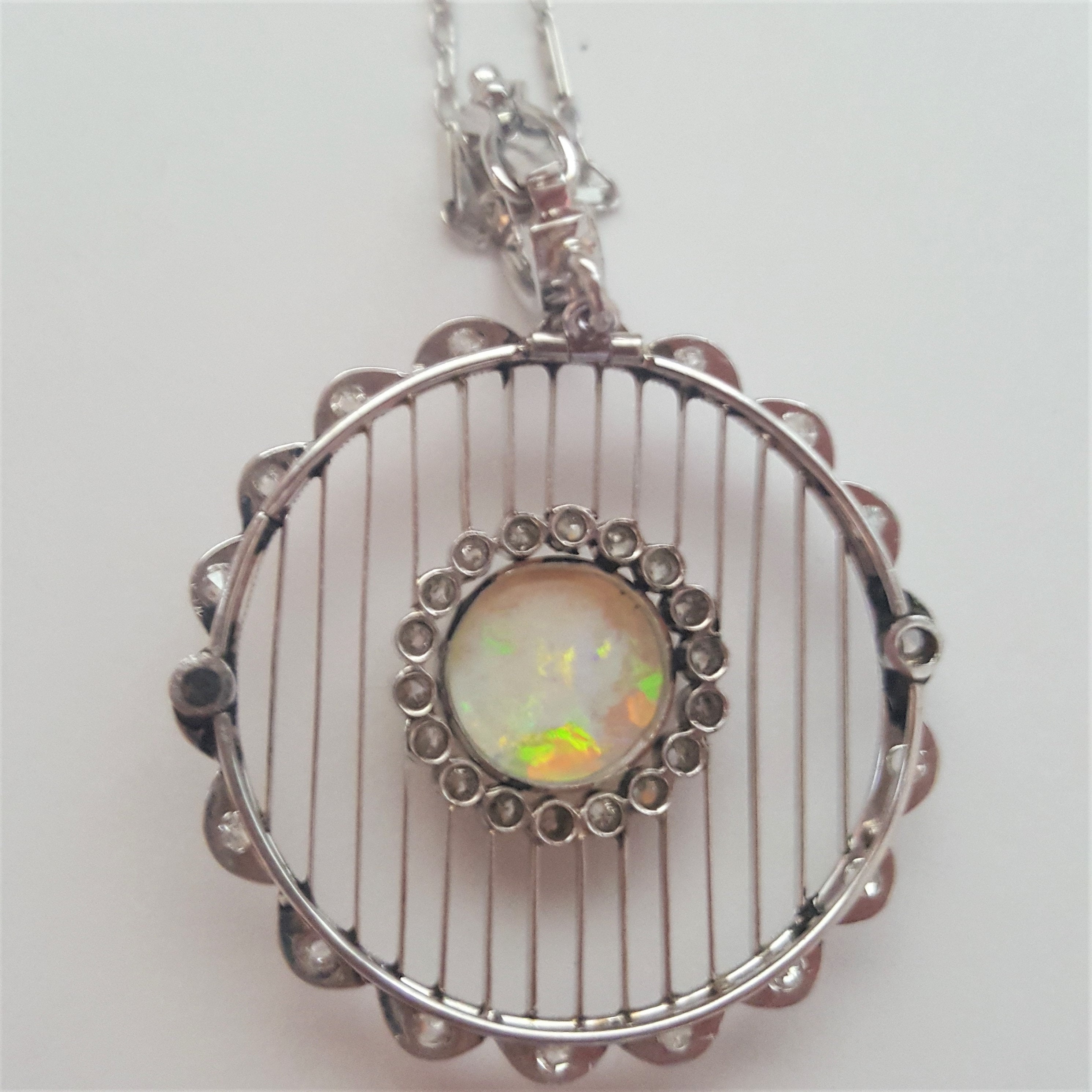 Vintage 14kt White Gold White Opal and Single Cut Diamond