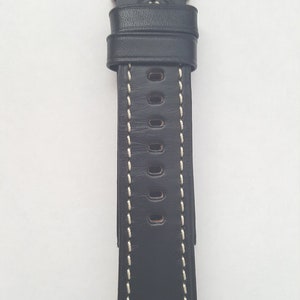 Black Leather Retro Brand New Watch Strap with White Stitching 24mm, Silver Buckle with the &quot;V&quot; Brand, Excellent Condition