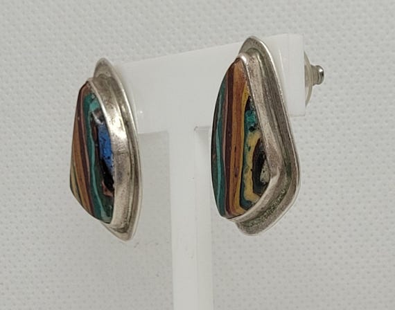 Sterling Silver Multi-Colored Inlay Friction Post… - image 2