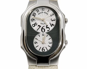 Philip Stein Dual Face Watch, White Leather Band, Teslar