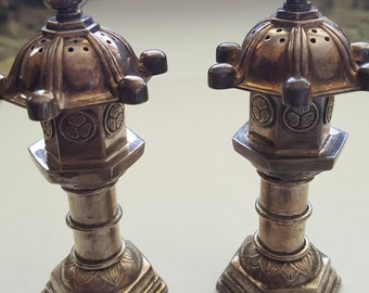 Vintage Sterling Silver Pagoda Lantern Salt and Pepper Shakers, Japanese