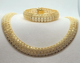 Vintage Italian 18K Yellow Gold Woven Necklace & Bracelet Set, 71 Gram, 750 BREV