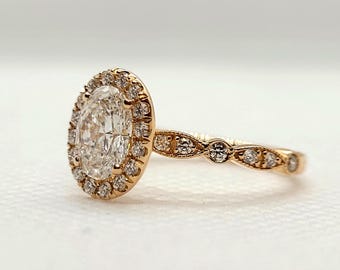 14kt Rose Gold Oval Lab-Grown Diamond Halo Ring, Vintage Style