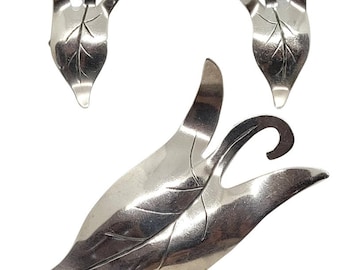 Set di orecchini e spille a forma di foglia in argento sterling, lavorati a mano, con perno a vite, vintage