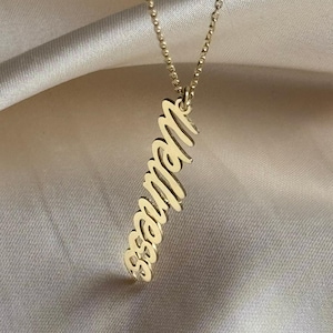 Collar de oro personalizado, collar con palabras, placa de identificación de oro de 10 quilates y 14 quilates, joyería de manifestación, collar con nombre vertical, collar con nombre de oro único