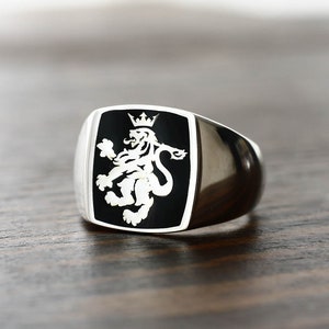 Black Enamel Lion Signet Ring, Cushion Signet Ring, Silver Signet Ring, Sterling Silver Signet Ring Men, Lion Ring, Mens Pinky Ring