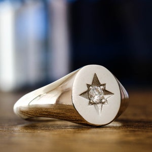 White Gold North Star Signet Ring, Signet Ring with Stone, Pinky Signet Ring, Custom Signet Ring, Star Signet Ring, Signet Ring Star, Signet