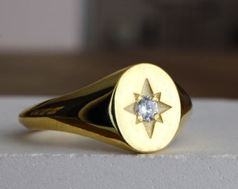 Gold North Star Engraved Signet Ring, Signet Ring with Stone, Pinky Signet Ring, Custom Signet Ring, Signet Ring, Signet Ring Star, Signet