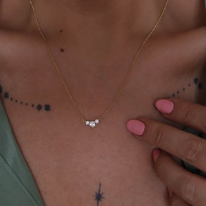 14k Gold Dainty Diamond Necklace, Three Diamonds Necklace, Delicate Gold Necklace, 3 Stone Necklace, Mothers Day Gift for First Time Mom