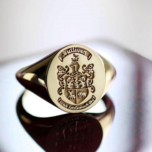 Solid Gold Custom Family Crest Pinky Signet Ring, Engraved Heirloom Jewelry Him