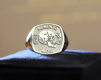 White Gold Memento Mori Ring, Memento Mori Signet, Memento Mori Ring, Men's Memento Mori Ring, Memento Mori Skull Ring, Ring Memento Mori