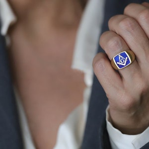 Gold Blue Enamel Masonic Signet Ring, Masonic Ring, Freemason Ring, Masonic Signet Ring, Masonic Pinky Ring, Masonic Ring, Free Mason Ring