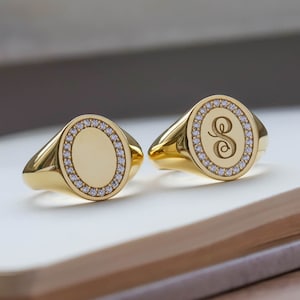 Gold Pave Signet Ring, 9k Gold Signet Ring, Pave Signet Ring, Women&#39;s Gold Signet Ring, 14k Gold Diamond Ring, 14k Rose Gold Signet Ring
